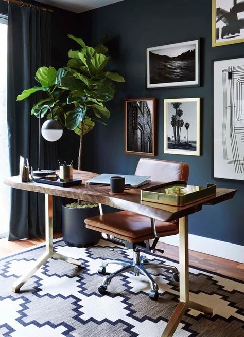 If you're curious enough to see how to create a masculine yet boho space, read on for six masculine boho decor ideas that'll bring a change to the expected. #hunkerhome #boho #masculine #masculineboho #masculinedecor Masculine Home Offices, Masculine Home Office Ideas, Masculine Home Office, Cute Office Decor, Masculine Decor, Outfit Office, Black Accent Walls, Dark Decor, Japanese Print