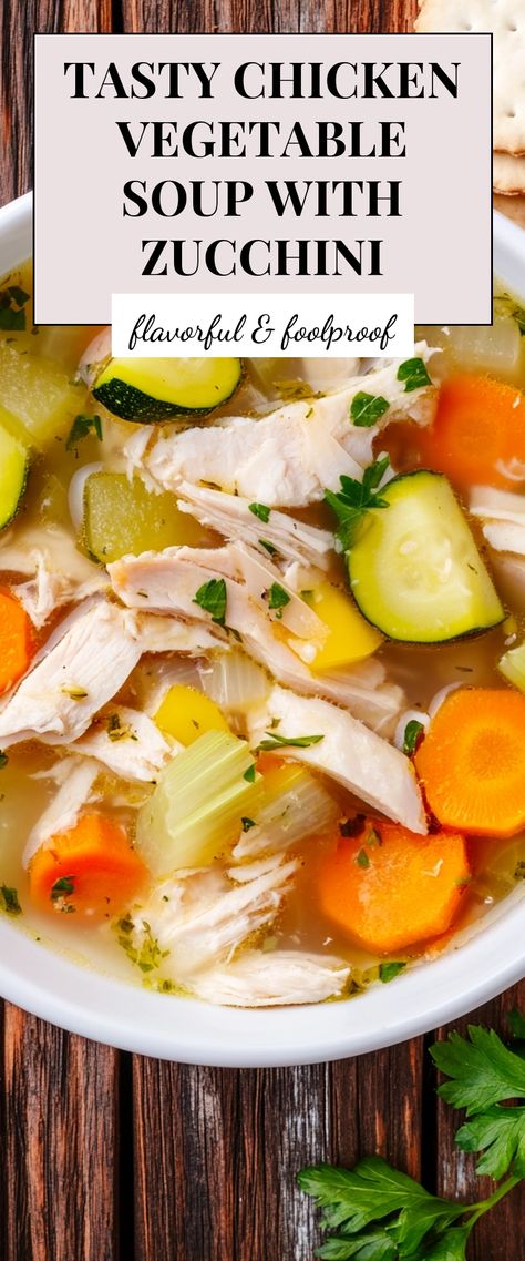 Image for Tasty Chicken Vegetable Soup with Zucchini Chicken Noodle Soup With Zucchini, Zucchini In Soup, Best Chicken Vegetable Soup Recipe, Keto Chicken Vegetable Soup Recipes, Healthy Chicken Veggie Soup, Chicken And Zucchini Soup, Zucchini Vegetable Soup, Protein Veggie Soup, Chicken And Squash Soup