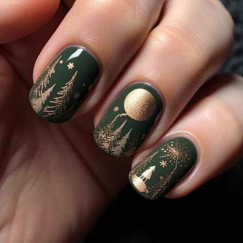 Christmas Witch Nails, Tree Nails Art, Winter Forest Nails, Boho Winter Nails, Pagan Yule Nails, Winter Tree Nails, Nails With Trees, Green Winter Nail Designs, Yule Nail Art