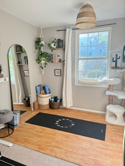 DIY At-Home Yoga Room (Renter Friendly!) Yoga Spot In Bedroom, Yoga Nook In Bedroom, Yoga And Reading Room, Workout Corner In Living Room, Yoga Area In Bedroom, Yoga Space In Bedroom, Yoga Place At Home, Office Yoga Room Combo, At Home Yoga Space