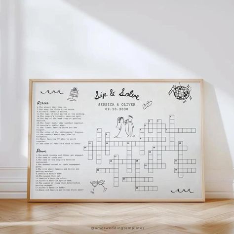 G001 - Add a fun and interactive element to your wedding with our Wedding Crossword Template. This unique and entertaining template is perfect for keeping your guests engaged and entertained while celebrating your special day. Easily personalize the crossword clues and answers to reflect your unique relationship and wedding details. The template is fully customizable, allowing you to adjust fonts, colors, and layouts to match your wedding theme. Comes with detailed instructions, making it simple Giant Crossword Puzzle Wedding, Wedding Crossword Puzzle Questions, Sip And Solve Wedding Crossword, Wedding Guest Games, Crossword Template, Guest Games, Sip And Solve, Wedding Crossword Puzzle, Wedding Games For Guests