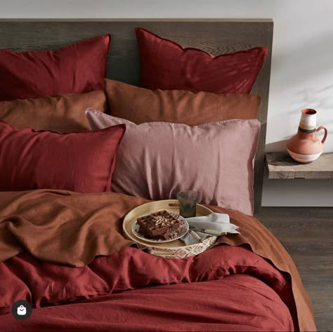 Red Bed Aesthetic, Red Bedsheets, Red Duvet, Cozy Bedroom Design, Red Duvet Cover, Bedroom Upgrade, Curated Home, Future Apartment Decor, Linen Quilt