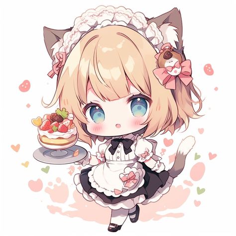 Chibi cute girl cat with maid uniform Chibi Maid Outfit, Chibi With Cat, Cat Maid Anime, Chibi Ninja, Chibi Pngtuber, Cute Chibi Art, Girl Chibi, Chibi Body, Chibi Cat