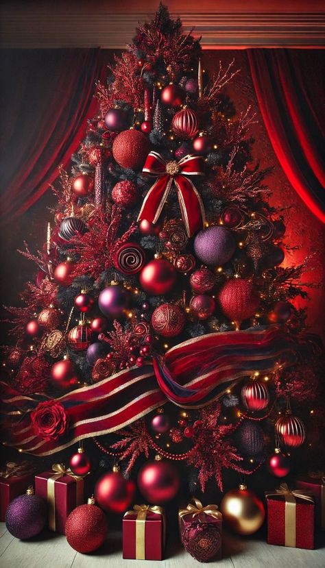 Christmas Tree Burgundy Red, Fall Color Christmas Tree, Red Monochromatic Christmas Tree, Red Velvet Ribbon Christmas Decor, Red And Maroon Christmas Tree, Red And Purple Christmas Decor, Purple And Red Christmas Tree, Red And Purple Christmas Tree, Red Velvet Ribbon Christmas Tree