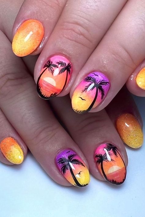 Indulge in the captivating hues of a stunning sunset with these mesmerizing sunset gradient nails. The perfect blend of warm oranges, vibrant pinks, and soft purples, this nail art is sure to elevate your manicure game to new heights. #nailinspiration #sunsetnails Gradiant Nails, Vacation Nails Beach, Plaid Nail Designs, Cruise Nails, Sunset Nails, Sunset Gradient, Small Nails, Makeup Nails Designs, Nails For Summer