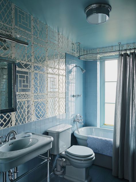 Inside David Harbour and Lily Allen’s “Weird and Wonderful” Brooklyn Town House | Architectural Digest Baby Blue Bathroom Ideas, Blue Restroom, David Harbour And Lily Allen, Powder Blue Bathroom, Baby Blue Bathroom, Ann Sacks Backsplash, Retro Blue Bathroom, Ny Townhouse, Zuber Wallpaper