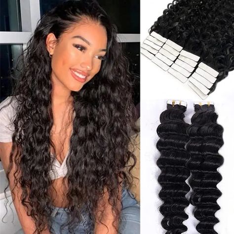 Caption: Discover your hair's true potential with the sumptuous touch of our Deep Wave Remy Tape Hair Extensions! 🌊✨ Indulge in the art of luxury and elegance; transform your mane into a voluminous cascade of perfection. 🖤 Crafted exclusively for those who appreciate the finer things, our 100% Remy Human Hair extensions are your new secret to a flawless and natural look. 💫 Bid farewell to worries of mismatching textures; our premium hair extensions are the quintessence of a seamless blend... Curly Tape In Hair Extensions, Glue In Extensions, Invisible Hair Extensions, Long Hair Extensions, Tape In Extensions, Remy Human Hair Extensions, 100 Remy Human Hair, Tape In Hair Extensions, Wig Accessories