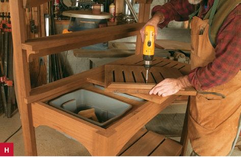 Get the jump on spring with this mini garden center. Overall dimensions: 51"w × 23 5⁄8"d × 59"h You don’t need a green thumb to appreciate that a potting bench is as much of a necessity to a gardener as a workbench is to a woodworker. For starters, a potting bench provides a comfortable work surface, enabling gardeners Potting Bench With Soil Bin, Potting Table Ideas, Potting Bench Plans, Potting Station, Garden Station, Planter Bench, Potting Table, Potting Tables, Sanding Block