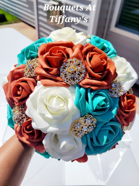 Burnt Orange Teal & Ivory Brooch Wedding Bouquet - Etsy Teal Orange Black Wedding, Dark Teal Burnt Orange Maroon Wedding, Wedding Burnt Orange And Teal, Teal Rust And Gold Wedding, Blue Orange Champagne Wedding, Rustic Teal And Burnt Orange Wedding, Fall Wedding Colors Teal Burnt Orange, Teal And Burnt Orange Bouquet, Burnt Orange And Teal Wedding Centerpieces