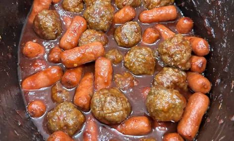 Crockpot Meatballs and Little Smokies - Easy Recipes for Everyday Cooking Crockpot Meatballs And Weenies, Little Smokies And Meatballs Crockpot, Crockpot Meatballs, Little Smokies, Meatball Recipes Crockpot, Lil Smokies, Beans In Crockpot, Seafood Salad Pasta, Bacon Ranch Pasta Salad