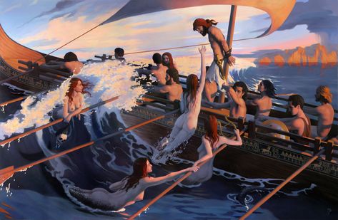 Ulises and the Sirens by TomasProchazka Sirens Mythology Art, Ulysses And The Sirens, Odysseus And The Sirens, Siren Classical Art, Siren Painting Classical, Sirens, Fantasy Creatures, Supernatural, Oil On Canvas