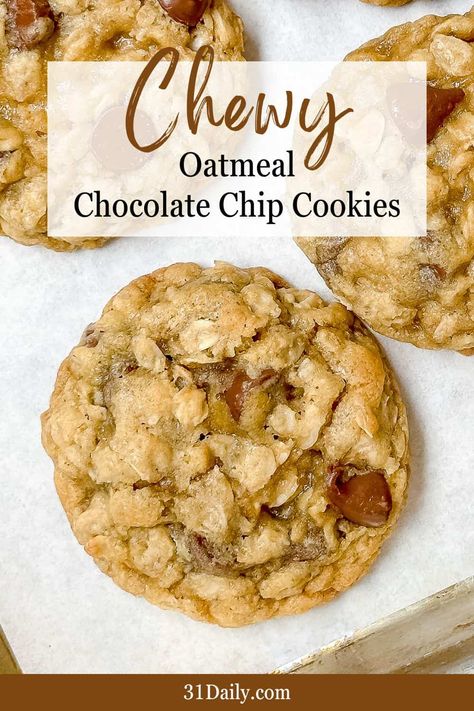 These chewy Oatmeal Chocolate Chip Cookies are softest of the soft, chewy, and deliciously perfect for cookie cravings when you can't decide between chocolate chip and oatmeal. Soft Chocolate Chip Cookies Recipe, Soft Oatmeal Cookies, Chewy Oatmeal Chocolate Chip Cookies, Oatmeal Chocolate Chip Cookie, Chewy Chocolate Chip Cookies Recipe, Oatmeal Chocolate Chip Cookie Recipe, Cookie Recipes Chewy, Chocolate Chip Cookies Ingredients, Oatmeal Cookies Chewy