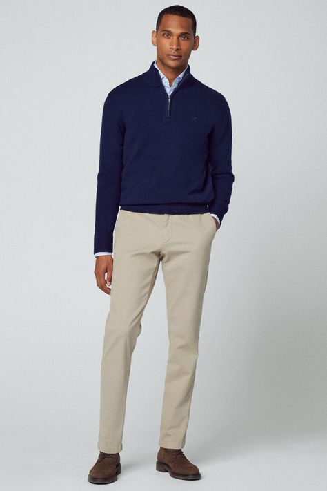 Khaki And Navy Blue Outfits, Blue Shirt And Sweater Outfit, Mens Light Blue Shirt Outfits, Navy Blue And Khaki Outfit Men, Shirt And Sweater Outfit Men, Navy Blue Shoes Outfit Men, Blue Half Zip Sweater Outfit, Blue And Beige Outfit Men, Navy Sweater Outfit Men