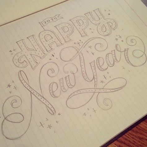 Happy New Year Calligraphy, New Years Drawing Ideas, New Year Calligraphy, Mary Kate Mcdevitt, New Year's Drawings, Chalkboard Designs, Hand Lettering Inspiration, Typography Love, Hand Lettering Art