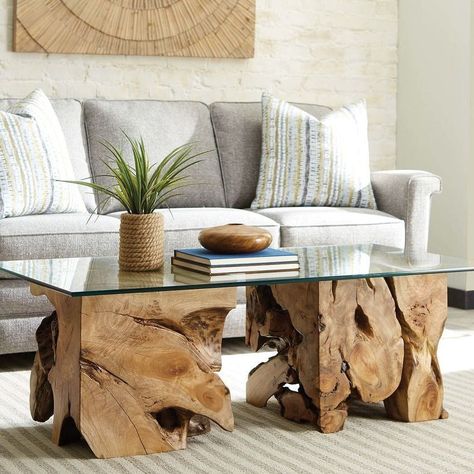 Tree Furniture Ideas, Square Root Table, Coffee Table Diy Ideas, Stump Furniture, Tree Stump Coffee Table, Modern Glass Table, Stump Coffee Table, Clear Coffee Table, Root Table