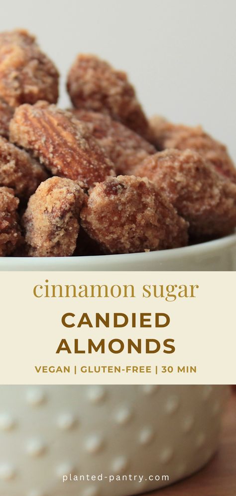 These vegan Cinnamon Sugar Candied Almonds are the perfect balance of sweet and crunchy. Made with a few simple ingredients, they're the perfect fall snack! Cinnamon Sugar Nuts Recipe, Cinnamon Nuts Recipe, Sugared Nuts Recipe, Cinnamon Sugar Almonds, Roasted Almonds Recipe, Cinnamon Roasted Almonds, Vegan Christmas Desserts, Dishes For A Crowd, Vegan And Gluten Free Recipes