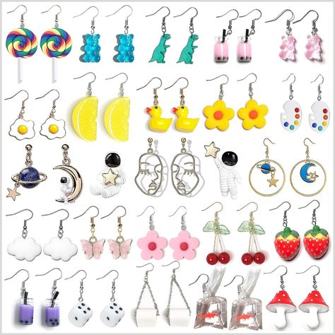 24 Pairs Weird Cute Earrings Drop Dangle Earrings for Women Girls Planet Astronaut Moon and Stars Face Dinosaur Bear Lollipop Goldfish Earrings, Earrings Dinosaur, Earrings Mushroom, Earrings Strawberry, Duck Earrings, Weird Earrings, Crazy Earrings, Dice Earrings, Strawberry Earrings