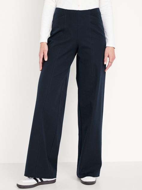 elasticized waist diagonal front pockets faux-welt back pockets sits at belly button loose hip and thigh wide leg hits below ankle 30" regular inseam 28" petite inseam 34" tall inseam models are approx.  5'9" and wear sizes s (4), l (12), and xl (18)Machine wash cold, gentle cycle, line dry.  cotton 55% spandex 9% rayon 37% Cheap Tailored High Waist Bottoms, Cheap Navy Straight Leg Bottoms, Cheap High Waist Navy Pants, Affordable Wide Leg Work Pants For Office, Womens Straight Leg Jeans Old Navy, Affordable Full-length Cotton Work Pants, Cheap High-waisted Dress Pants With Pockets, Cheap Wide Leg Work Pants, Luxury Classic Cotton Work Pants