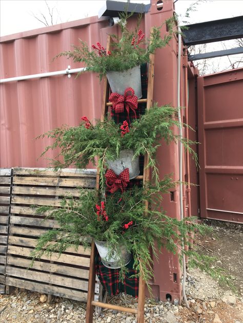 Christmas Ladder Outdoor, Christmas Decor Ideas Shabby Chic, Yard Tree Decorating Ideas, Vintage Christmas Decor Ideas Outdoor, Christmas On The Farm Decoration, Primitive Porch Decor, Porch Trees Christmas, Christmas Barn Decorations, Barn Christmas Decorations