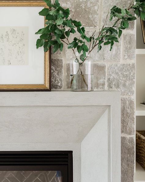 Fireplace Mantle With Floating Shelves, Penny Tiles Kitchen, Cast Stone Fireplace Surround, Oakstone Homes, Exterior Garage Door, Fireplace Styling, Limestone Fireplace Surround, Stone Mantle, Transitional Fireplace