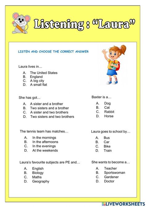 Listening Skills Worksheets, Listening Activities For Kids, English Liveworksheet, Proper Nouns Worksheet, Listening English, English Student, Test For Kids, Listening Activities, Listening Test