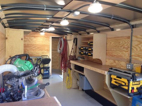 Eddies Trailer, Construction Trailer Setup, Trailer Layout, Enclosed Utility Trailers, Workshop Trailer, Trailer Workshop, Trailer Shelving, Construction Trailer, Tool Trailer