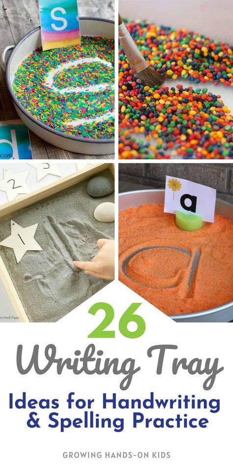 Spice up handwriting and spelling word practice with these fun 26 themed writing tray ideas. #Handwriting #SpellingWords #WritingTray #EarlyElementary #SchoolBasedOT #OTTips #SensoryTray #SensoryWriting #HandwritingPractice #OccupationalTherapy Pencil Grasp Activities, Spelling Word Practice, Pencil Grasp, Kids Handwriting Practice, Teaching Mama, Handwriting Without Tears, Hand Strengthening, Pre K Pages, Imagination Tree