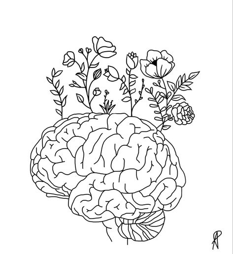 flower brain tattoo #tattooideas #smalltattoos #tattooideasfemale Brain Drawing With Flowers, Aesthetic Brain Drawing, Cognitive Psychology Art, Flower Brain Drawing, Brain And Flowers Drawing, Half Brain Tattoo With Flowers, Brain Outline Drawing, Art Psychology Drawing, Flowers Growing Drawing