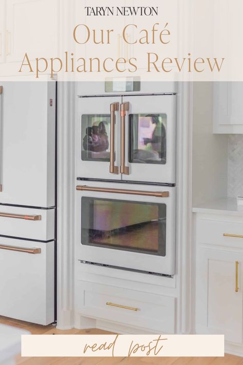 I always get asked what we think about our GE Café appliances. I thought I would give you the rundown on what are my honest thoughts about our kitchen appliances. #homedecor #homeinspiration #decorationideas #roomdecor #housedecor #homedesign #decoratinganewhome #diyhomedecor #interiordesign #interiorinspiration #interior #gecafeappliances Kitchen With Panel Ready Refrigerator, Ge Monogram Kitchen, Gold Kitchen Appliances, Ge Kitchen Appliances, Kitchen Appliance Trends, Ge Cafe Appliances, Cafe Appliances, Kitchen Appliance Set, White Kitchen Appliances