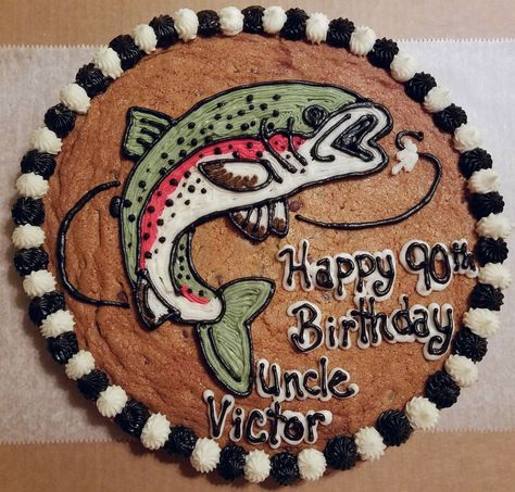 Trout fishing cookie cake. Fishing Cookie Cake, Birthday Cookie Cake Designs For Men, Back To School Cookie Cake, Cookie Cake Decorating Ideas Birthdays, Cookie Cakes Decorated, Cookie Cake Decorating Ideas, Chocolate Chip Pizza, Burger Cookies, Bday Cookies