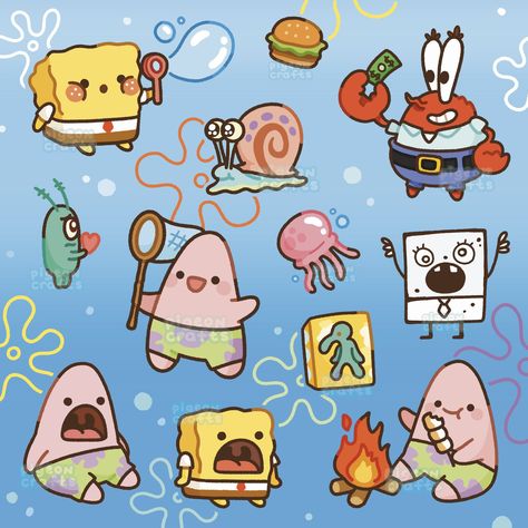 X Chibi Spongebob, Drawing Cute Things Kawaii, Sponge Bob Tattoo Ideas, Cartoon Character Doodles, Cute Spongebob Drawings, Spongebob Doodles, Kawaii Spongebob, Cartoon Fan Art, Spongebob Drawing