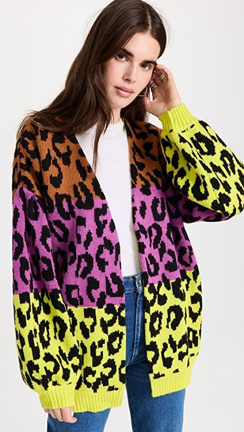 Pattern Cardigan, Leopard Cardigan, Neon Color, Leopards, Long Puff Sleeves, Farm Rio, Leopard Pattern, Puff Sleeve Top, China Fashion