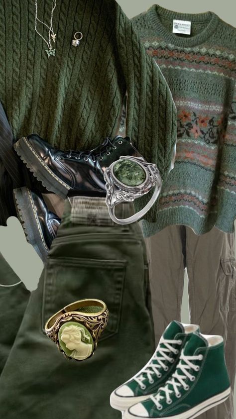 #green #outfitinspo #docmartens #converse #rings #sweaters #sagegreen Dark Green Converse Outfit, Sage Green Converse, Green Converse Outfit, Dark Green Converse, Converse Outfit, Dark Green Sweater, Green Converse, Outfits With Converse, Downtown Girl