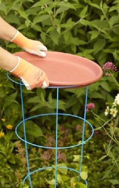 Tomato cage birdbath Backyard Landscapes, Diy Container Gardening, Garden Totem, D Rose, Upcycle Garden, Hanging Flower Baskets, Diy Bird Feeder, Shelves Diy, Garden Types