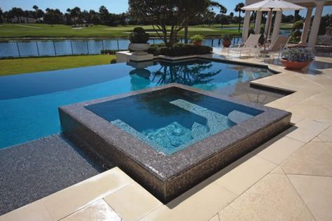 11 Awesome Jacuzzi Pools For Your Home - Awesome 11 Hot Tub Tile, Backyard Hot Tub, Overflow Pool, Hot Tub Landscaping, Moderne Pools, Luxury Swimming Pools, Hot Tub Backyard, Pool Remodel, Rectangular Pool