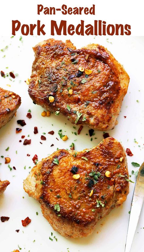 Wonderfully tender and so very flavorful, these pork medallions are ready in less than 30 minutes. Pork Tenerloin, Pan Seared Pork Tenderloin, Pork Medallion Recipes, Pork Tenderloin Medallions, Spaghetti With Ground Beef, Pork Medallions, Pork Entrees, Low Carb Pork, Healthy Pork