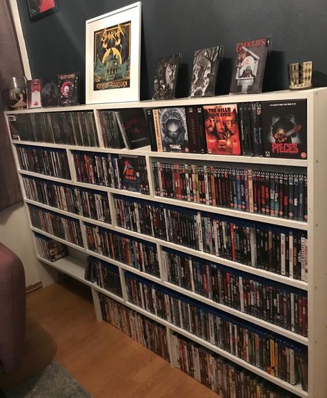 Blu Ray Collection Room, Blu Ray Storage Ideas, Hobbies Room, Horror Bedroom, Blu Ray Storage, Merch Display, Movie Storage, Indoor Architecture, Bedroom Ideas Men