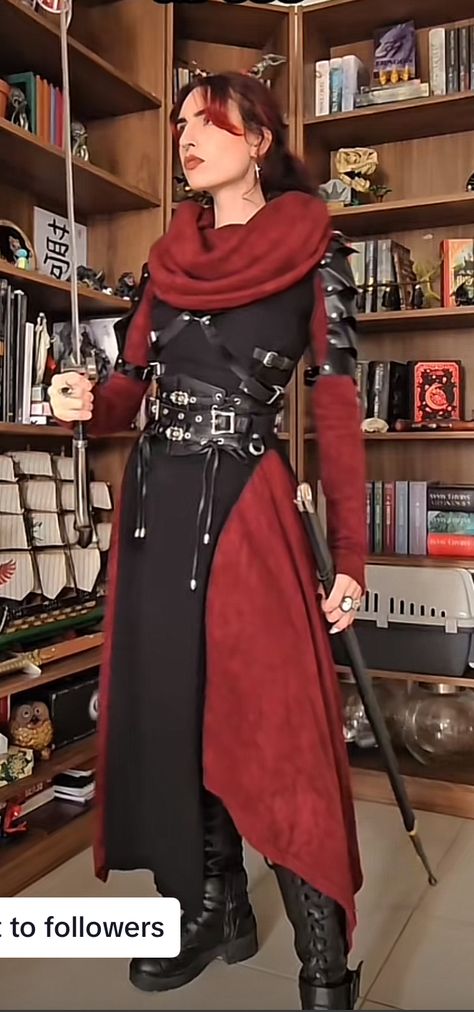 Neo Medieval Fashion, Red Leather Armor, Medieval Outfit Women Pants, Huntress Outfit Medieval, Witcher Outfits Female, Medieval Traveler Outfit, Vampire Ren Faire, Assassin Ren Faire, Fantasy Outfit Inspiration