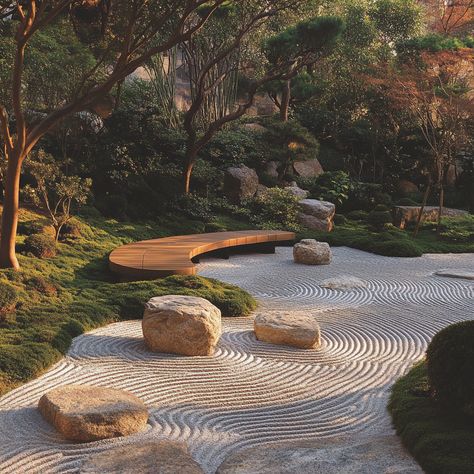 Create a peaceful retreat with a Japanese-inspired Zen garden. Featuring raked gravel, carefully placed rocks, and a tranquil water feature, this minimalist design offers the perfect setting for mindful meditation and contemplation. #ZenGarden #MindfulLiving #JapaneseAesthetics #OutdoorSerenity Zen Garden Entrance, Dry Zen Garden, Zen Garden Meditation Space, Japanese Pebble Garden, Japanese Garden Rocks, Zen Garden Bench, Courtyard Zen Garden, Japanese Garden Design Modern, Asian Garden Japanese Style