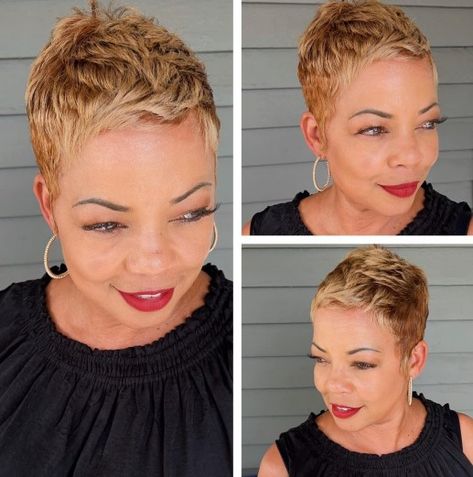 Very Short Chopped Honey Blonde Pixie Honey Blonde Pixie, Black Pixie Haircut, Ion Hair Colors, Front Highlights, Short Hairstyles For Black Women, Short Hair Styles African American, Short Permed Hair, Short Hair Designs, Black Hair Short Cuts