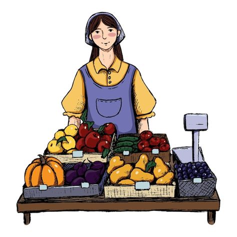 Seller woman sells vegetables at the cou... | Premium Vector #Freepik #vector #vegetable-shop #fruit-shop #shop-illustration #market Vegetable Seller Drawing, Fruit Seller Drawing, Vegetable Market Drawing, Selling Illustration, Market Drawing, Vegetables Drawing, Women Farmers, Market Aesthetic, Basic Sketching