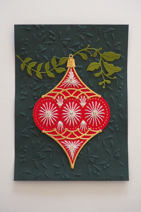 Stitched Ornaments, Plum Blossom Tree, Spellbinders Christmas Cards, Die Cut Christmas Cards, Embroidered Paper, Christmas Palette, Big Shot Machine, Handmade Christmas Cards, Ornament Card