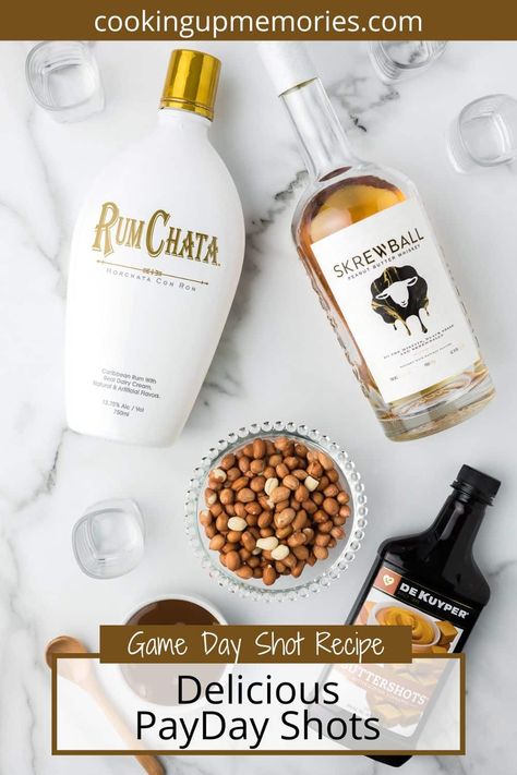 Enjoy this indulgent shot with friends and family at your next party. It comes together with Screwball Peanut Butter Whiskey, Butterscotch Schnapps and RumChata. Absolutely delicious with the salted peanut caramel rim! Payday Shot Recipe, Shot With Friends, Payday Bars, Payday Candy, Cherry Whiskey, Payday Candy Bar, Peanut Butter Whiskey, Bar Shots, Food For Special Event