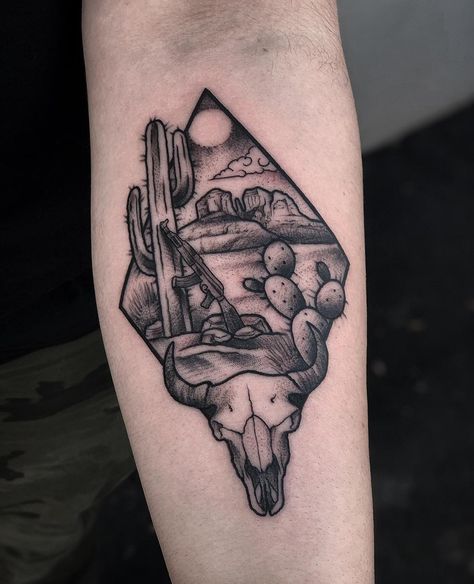 ivan Lopez on Instagram: “Did this rad piece on @heavybrigade thanks man as always a pleasure 🙏🏼 #tattoo #tattoos #deserttattoo #aztattoo #deserttattoos…” Southwest Pattern Tattoo, Texas Landscape Tattoo, Arizona Themed Tattoos, Mexican Tattoo Designs, Arizona Tattoo Ideas, Western Tattoos For Men, Camp Tattoo, Pleasure Tattoo, Grandpa Tattoo