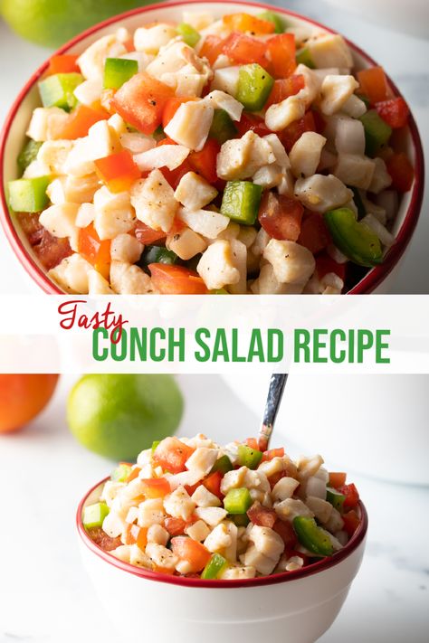 Bahamian Conch Salad Recipe - Enjoy a taste of the Bahamas at home with this refreshing raw seafood salad recipe. It's made with fresh conch (or shrimp!), fresh veggies like diced tomatoes and bell peppers, habanero pepper for a kick of heat, plus orange and lime juice to add a punch of bright citrus flavor. Authentic Conch Salad is delicious to serve as an appetizer or side with your favorite Caribbean dishes! | A Spicy Perspective Conch Ceviche Recipe, Conch Salad Recipe, Conch Recipes, Seafood Salad Recipe, Conch Salad, Raw Seafood, Bahamian Food, Sea Food Salad Recipes, Habanero Pepper