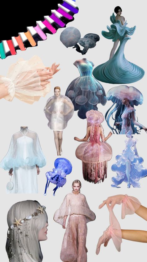 Under The Sea Clothing Ideas, Shell Fashion Design, Sea Life Fashion Inspiration, Mood Borde Fashion, Sea Inspired Fashion Sketches, Sea Theme Fashion Show, Ocean Fashion Design, Ocean Moodboard, Ocean Theme Fashion Illustration