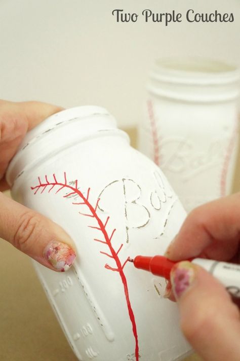 Add stitching with a red paint pen to create your own baseball mason jar Birthday Baseball Theme, Baseball Ideas, Baseball Crafts, Baseball Theme Party, Baseball Birthday Party, Wine Bottle Diy Crafts, Baseball Party, Baseball Theme, Mason Jar Crafts Diy