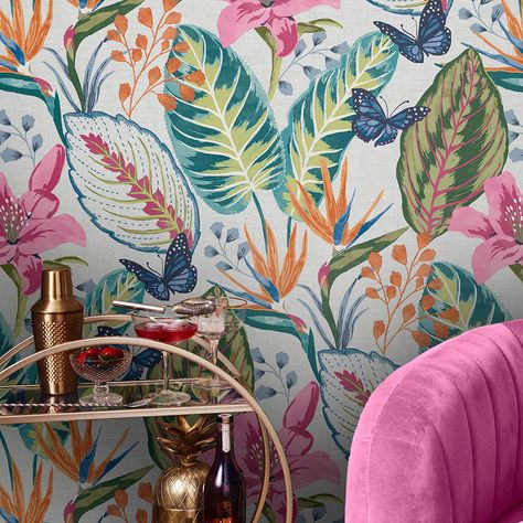 Botanical Interior, Hot Pink Wallpaper, Eden Design, Bird Of Paradise Plant, Paradise Plant, Terraria, Botanical Wallpaper, Wallpaper Direct, Styl Boho