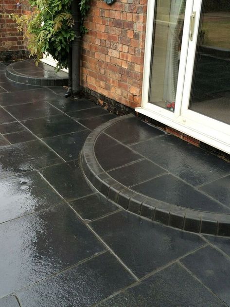 #Black #Limestone #Slabs #Natural #Paving #Garden #Patio #Calibrated #Sawn Backyard Flooring, Garden Patio Designs, Front Driveway Ideas, Brick Effect Wall Tiles, Front Door Step, Outdoor Tile Patio, Tile Patio, Front Driveway, Grey Paving