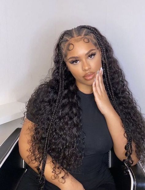 Braids In Front With Curly Hair, Half Braid Hairstyles For Black Women, Cornrow And Curly Weave Hairstyles, Braids Going To The Back With Curls, Braids In The Front Curly In The Back, Braids Front Curly Back, Feed In Half Up Half Down Weave, Curly Sew In With Braids, Braided Curly Hairstyles For Black Women